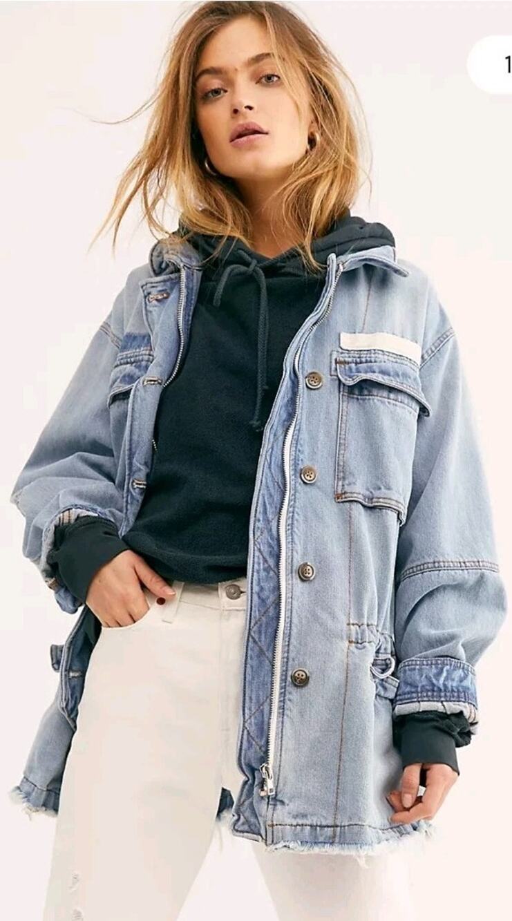 Free People Denim Seize The Day Jean Jacket Oversized Raw Edge Slouchy Womens Sm